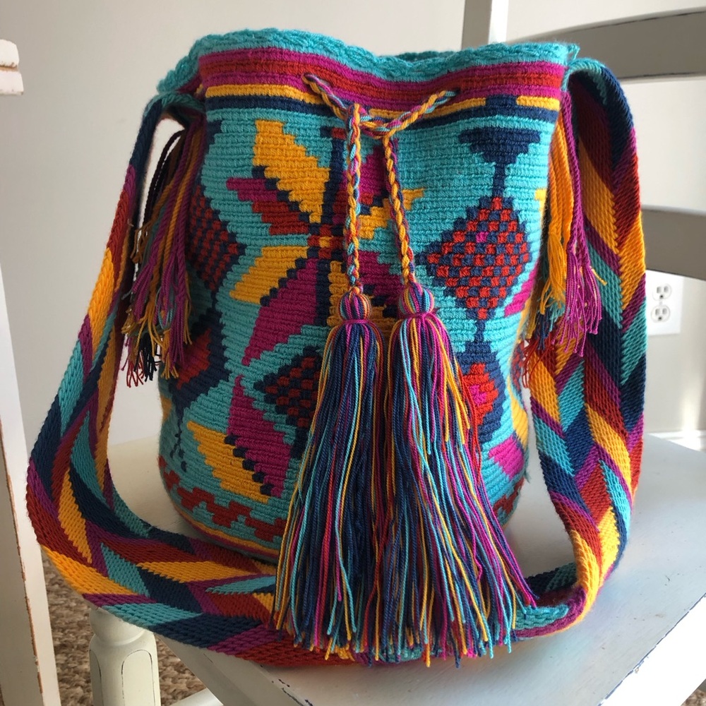 New: Wayuu Mochila Tasseled Cotton Drawstring Bucket Bag - Picture 5 of 12